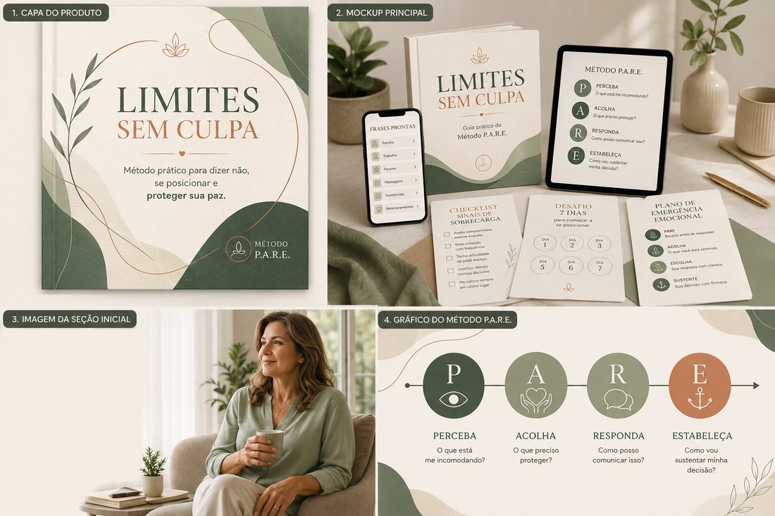 Mockup completo do produto Limites Sem Culpa: livro, tablet e cards